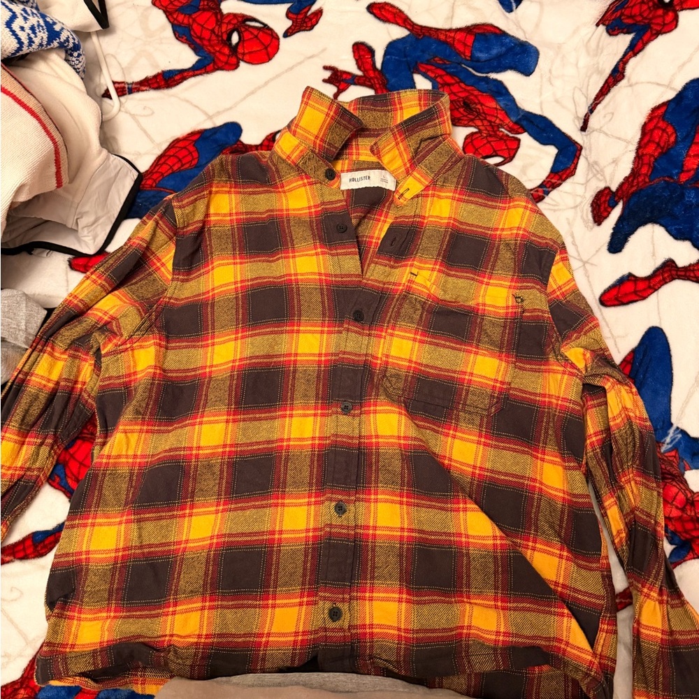 Hollister Yellow, Brown & Red Plaid Button-Up Shirt